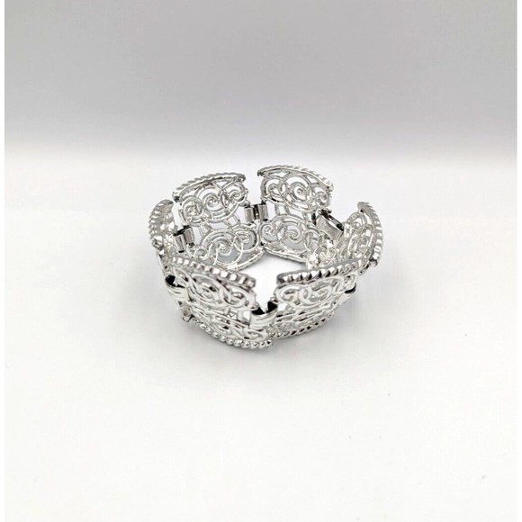 Silver Tone Filigree Bracelet Ornate Vintage Unsigned Fold Over Clasp 7.5" - Picture 6 of 8